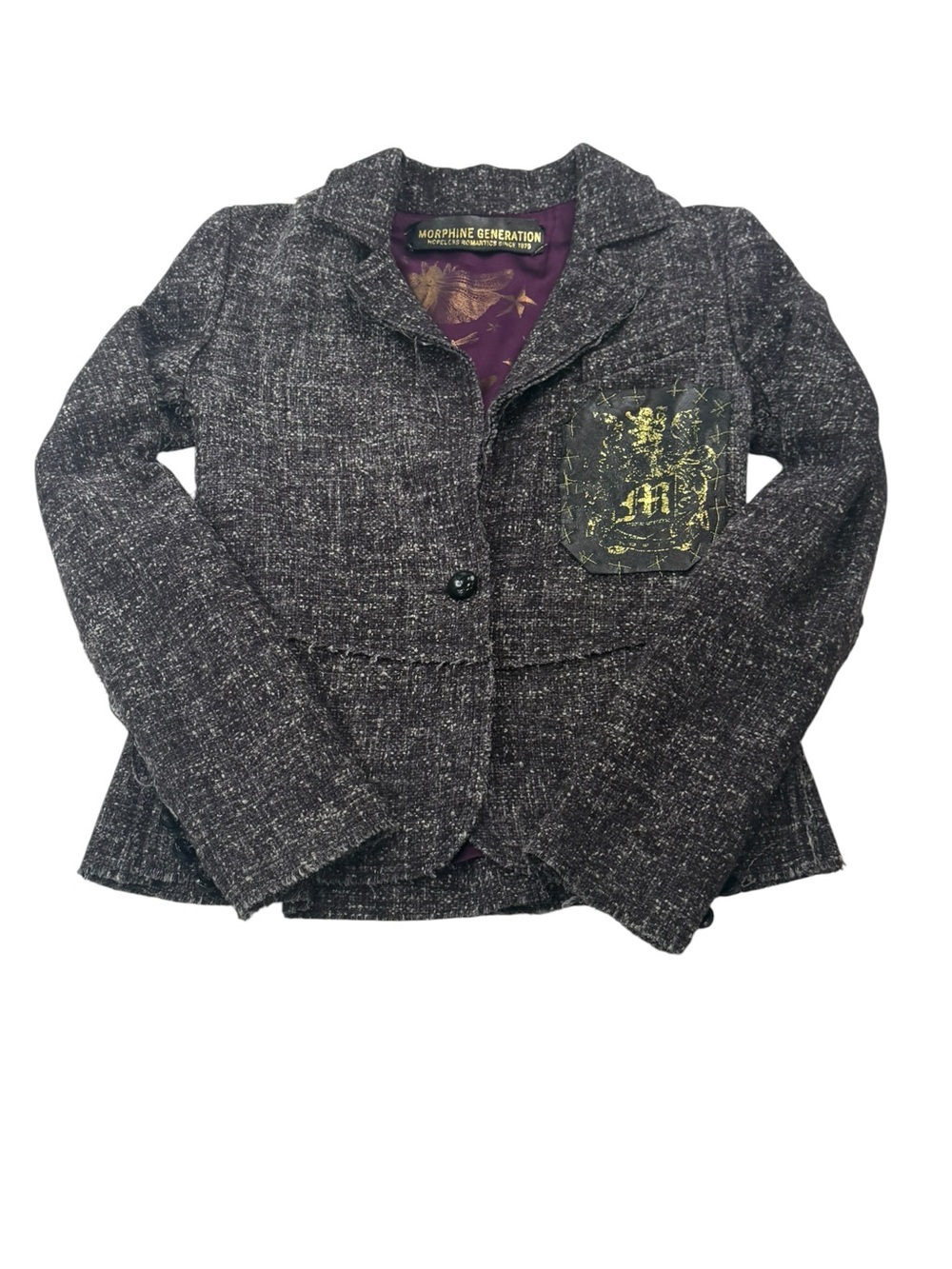 Y2K Morphine Generation Charcoal Tweed Blazer Gold Accent Indie Sleaze Size M‎